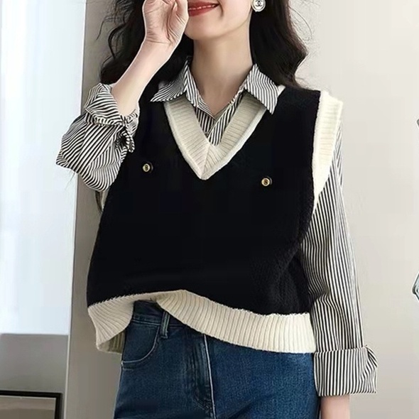 Áo dệt kim ZHELIHANGFEI sát nách cổ chữ V eo cao dễ phối đồ cá tính cho nữ