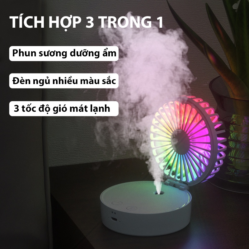 Quạt mini phun sương JIASHI tích điện kết hợp đèn ngủ nhiều màu dung lượng pin lớn 2000mAh - QMN03