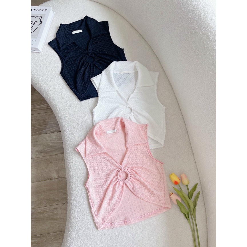 Áo thun nữ dáng croptop ba lỗ sát nách cổ bẻ chất xốp viền màu phối khoen ngực sexy