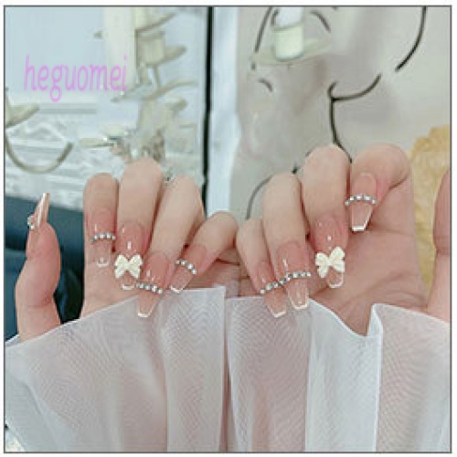 Set 24 móng tay giả hoàn chỉnh cỡ nhỏ hình chữ V kiểu Pháp cùng phong cách màu trắng