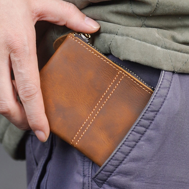 Ví Da Bò Thật Mỏng Có Khóa Kéo Phong Cách Retro 2023 Cho Nam