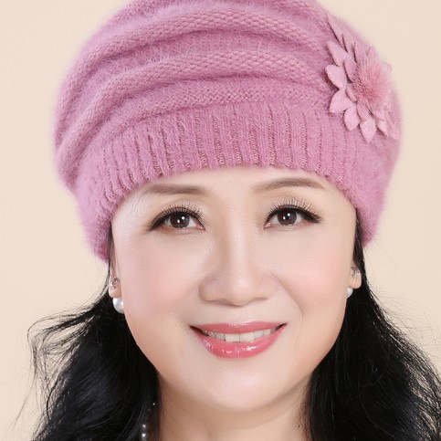 Mũ len lông thỏ gắn hoa đơn phong cách Hàn , nón len cao cấp cho người lớn tuổi