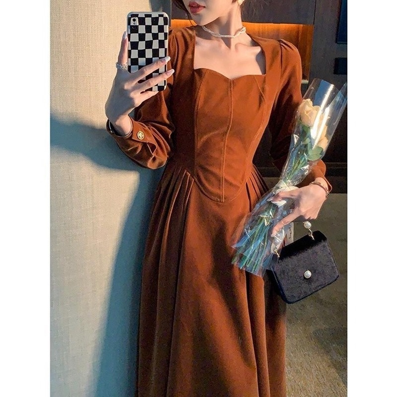 Đầm Nhung Tay Dài Phong Cách Pháp Cổ Điển Thời Trang Thu Đông Hàng Mới Dành Cho Nữ