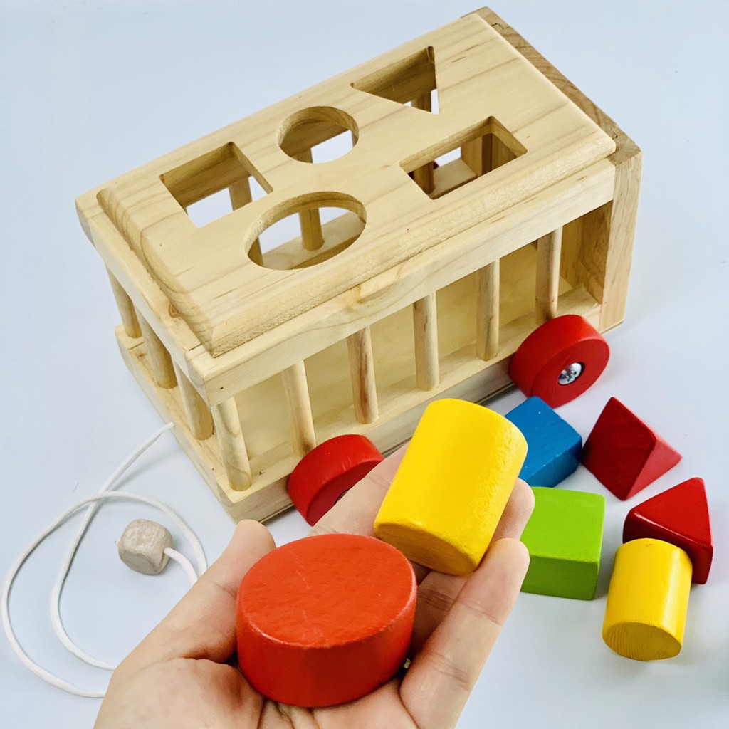 Đồ chơi gỗ phát triển trí thông minh cho bé trên 1 tuổi - Xe cũi thả hình khối nhiều màu sắc có bánh xe di chuyển được