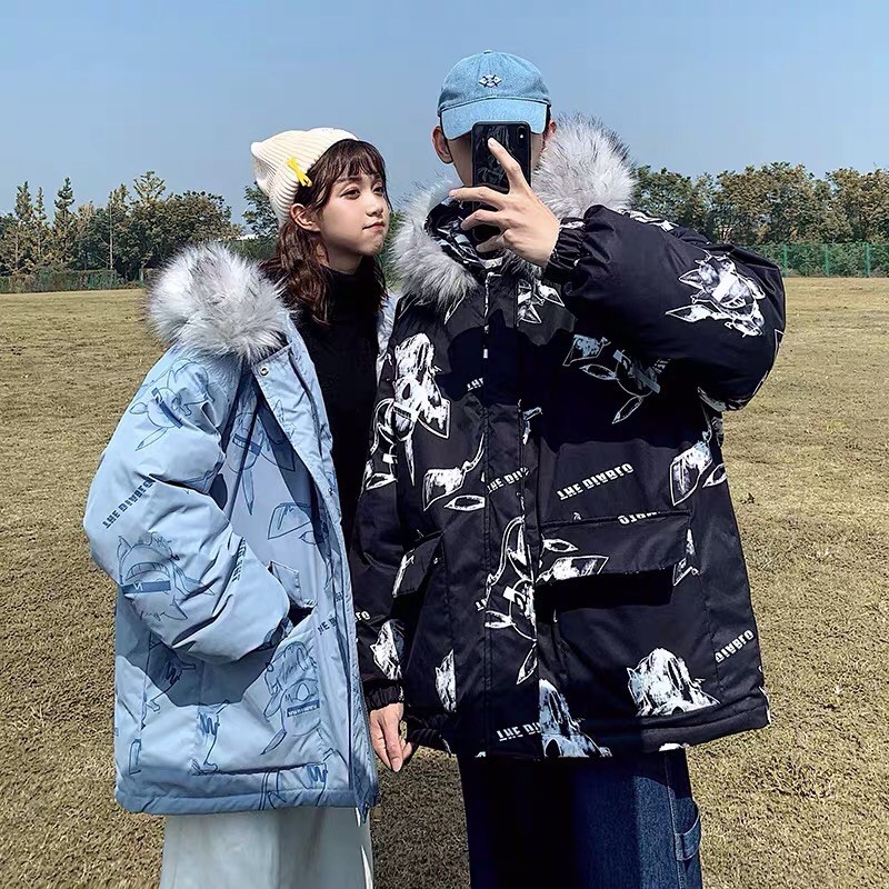Áo khoác phao đôi couple oversize form rộng mũ lông Ulzzang unisex hoạ tiết siêu cute ❤️