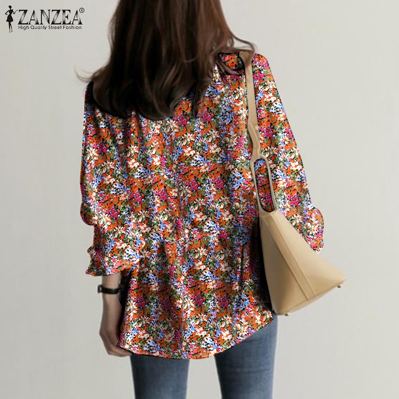 Áo ZANZEA tay dài in họa tiết thiết kế eo dây rút cổ tay thun thời trang thường ngày cho nữ