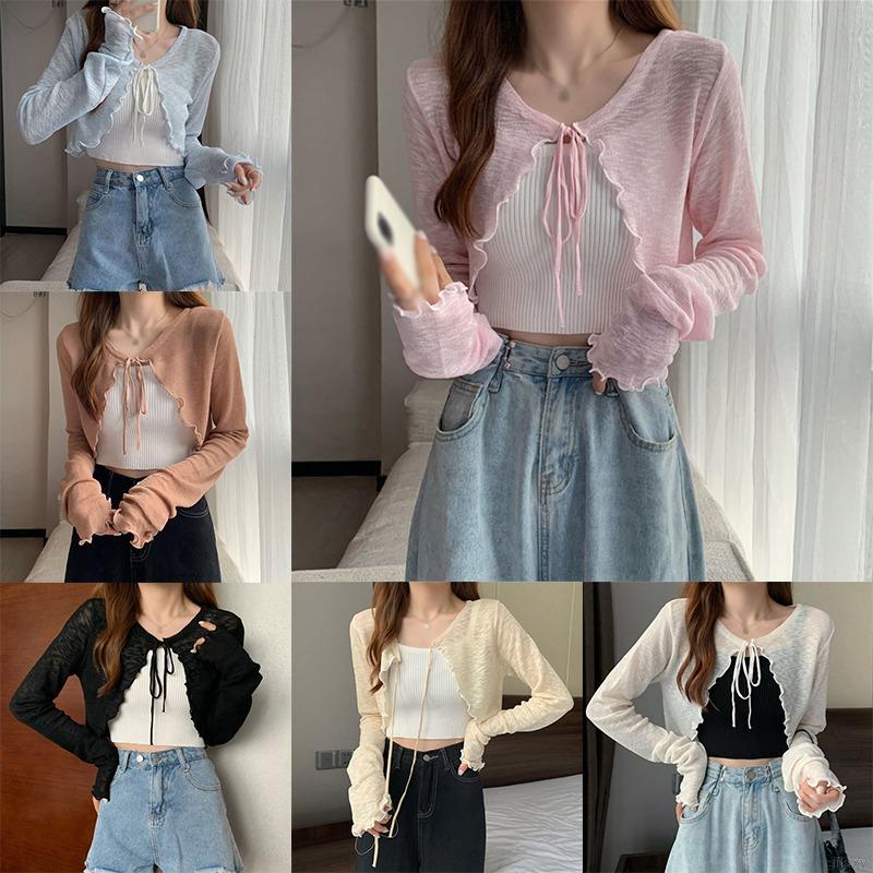 Áo Dệt Kim Mỏng Tay Dài Cột Dây Phong Cách Hàn Quốc Thời Trang Cho Nữ