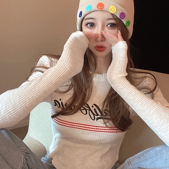 Áo thun ZHELIHANGFEI dệt kim dài tay in chữ thời trang cho nữ