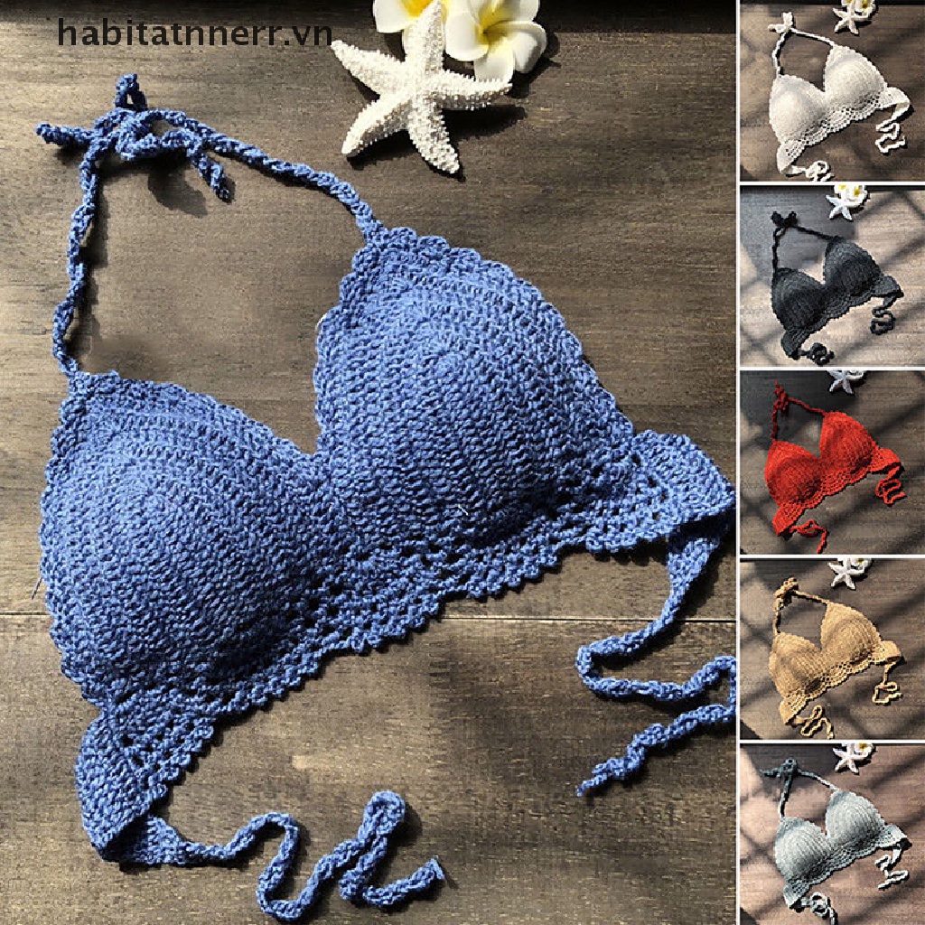 TANNER Women Bikini Crop Top Crochet Boho Bralette Halter Cami Knitted Bra Tank Top .
