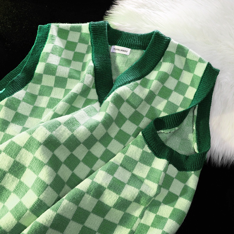 Áo len không tay dáng rộng họa tiết sọc caro thời trang Hàn quốc