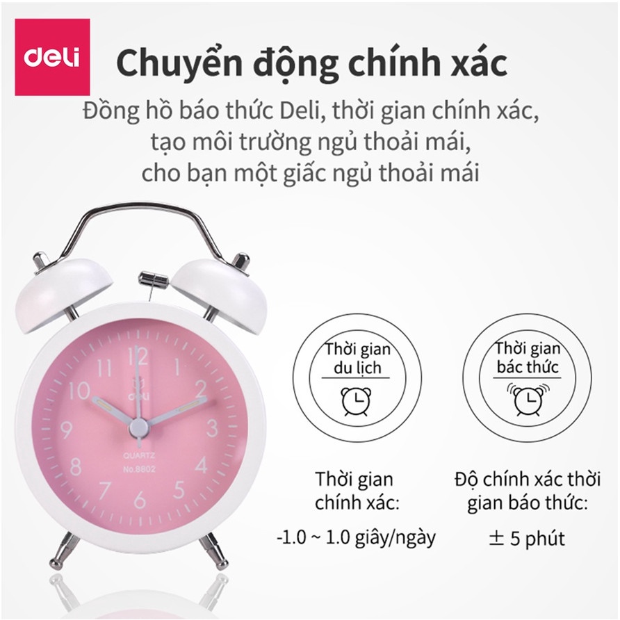 Đồng hồ báo thức Deli 8802 - Thân trắng mặt -Xanh dương/Xanh lá/ Hồng, tích hợp đèn ngủ, kim dạ quang-vpp Diệp Lạc sỉ lẻ