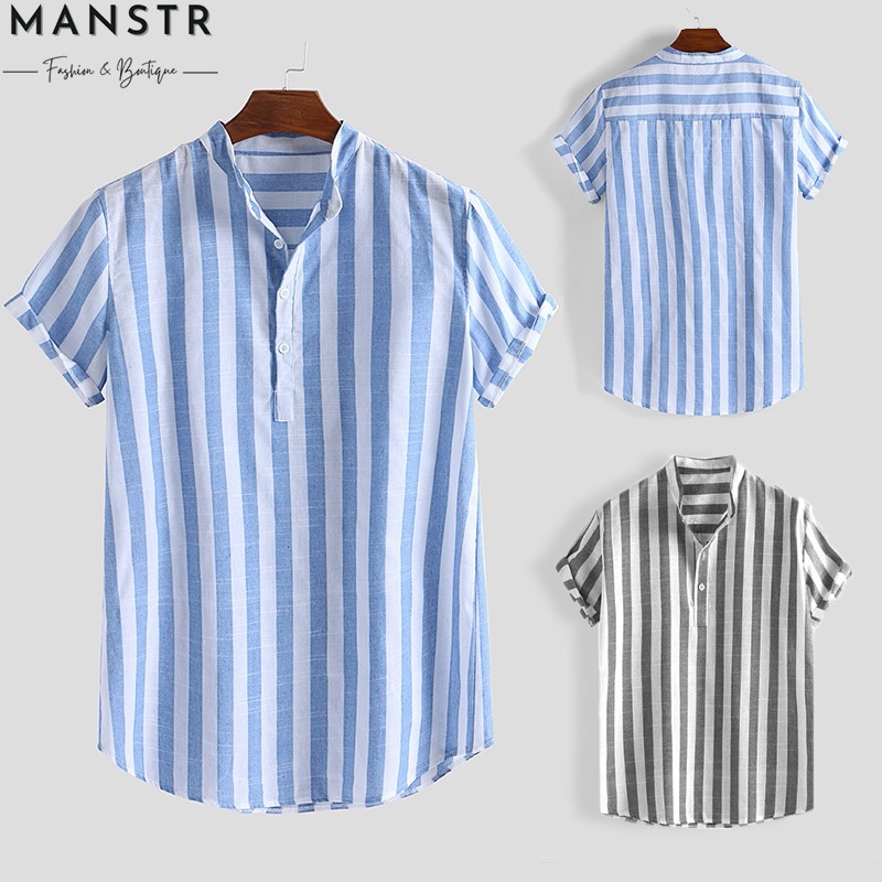 Áo Thun Polo Ngắn Tay Cổ Đứng Họa Tiết Kẻ Sọc Màu Xanh Dương/Đen Thời Trang Cho Nam