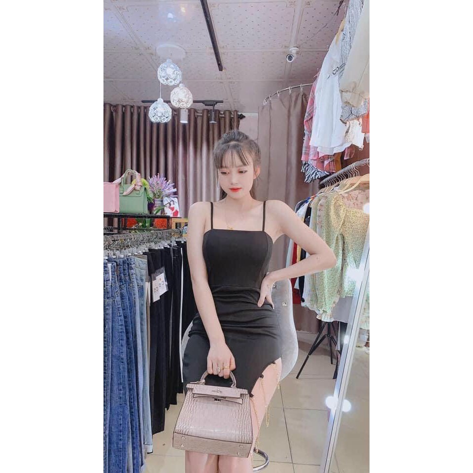 Đầm body nữ trễ vai hai dây xẻ đùi xéo phối xích dáng cổ trang mẫu mới siêu thời