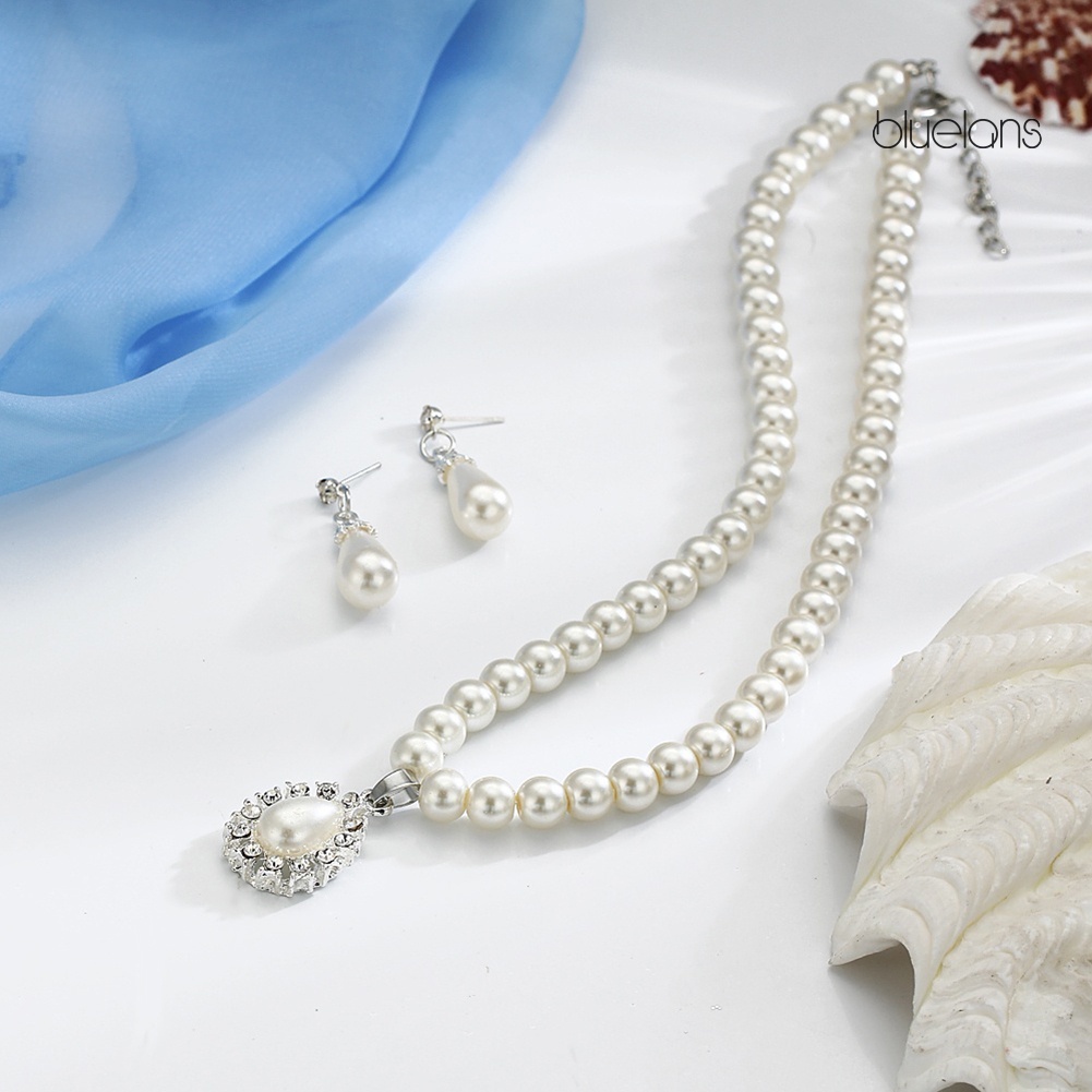 Bộ Vòng cổ + Bông Tai Đính Ngọc Trai Nhân Tạo Hình Giọt Nước Cho Nữ