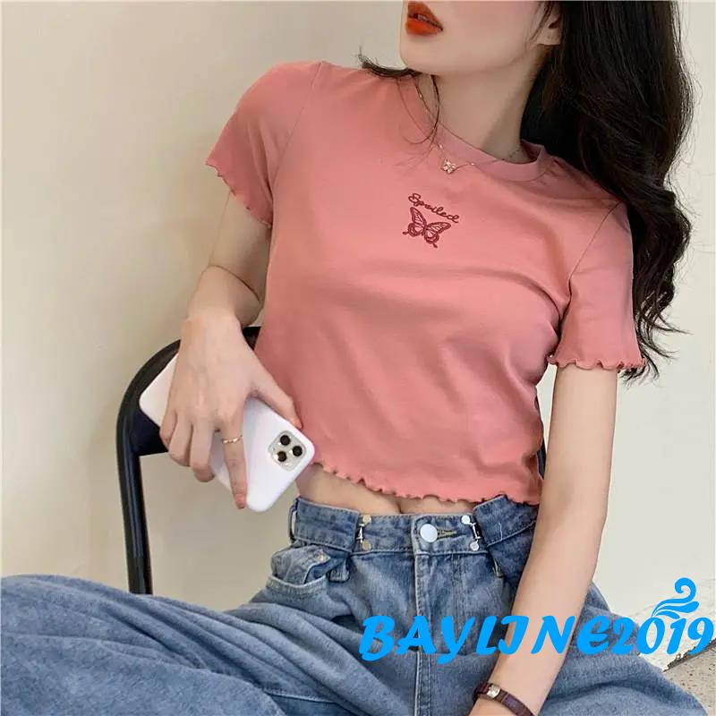 Áo Crop Top Tay Ngắn Hoạ Tiết Cánh Bướm Thời Trang Cho Phụ Nữ