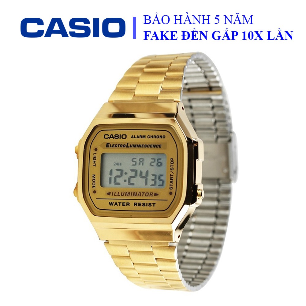 Đồng hồ Casio nam dây sắt thể thao, điện tử, viền vàng sang trọng, đẳng cấp, chống nước WR50M đi bơi (A168WG-9WDF)