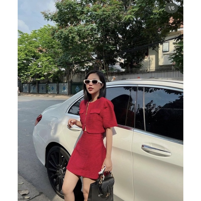 SET CROP DẠ ĐỎ DÂY KÉO + CHÂN VÁY