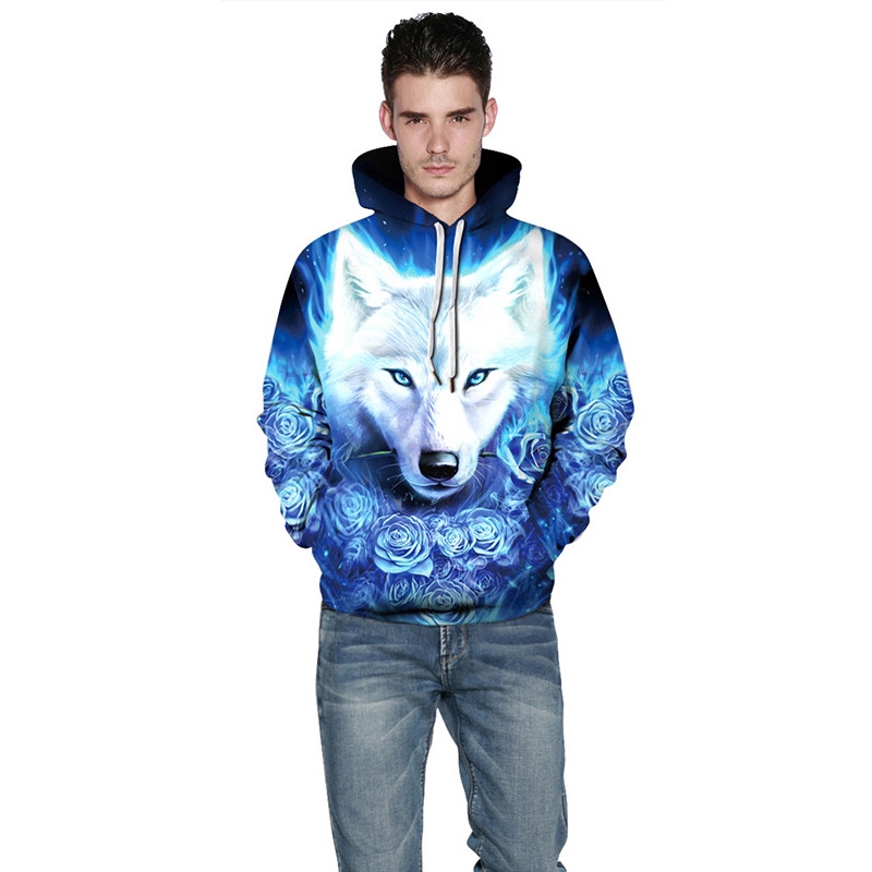 Áo thun hoodie tay dài nón dây rút có túi họa tiết sói trắng phối hoa hồng xanh độc đáo | BigBuy360 - bigbuy360.vn