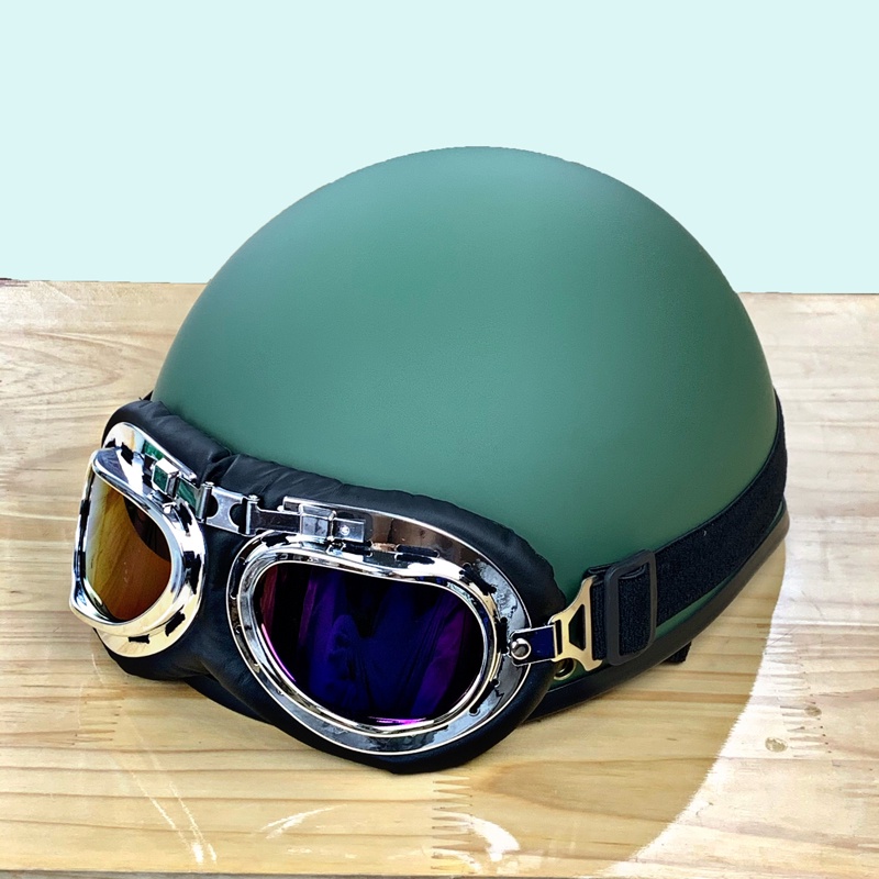 Mũ bảo hiểm 1/2 màu xanh rêu lính kèm kính phi công và kính UV xốp ép - khóa đỏ