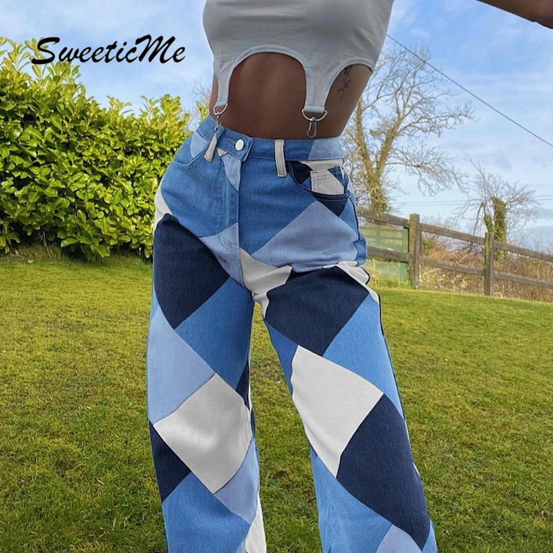Quần Jeans Lưng Cao In Họa Tiết Kim Cương Tương Phản Cho Nữ