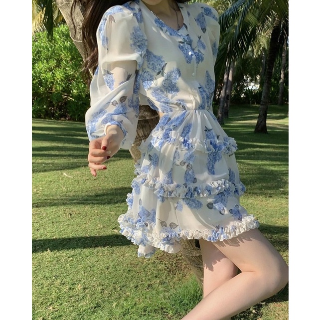ĐẦM HOA XANH BÈO CUT OUT LƯNG