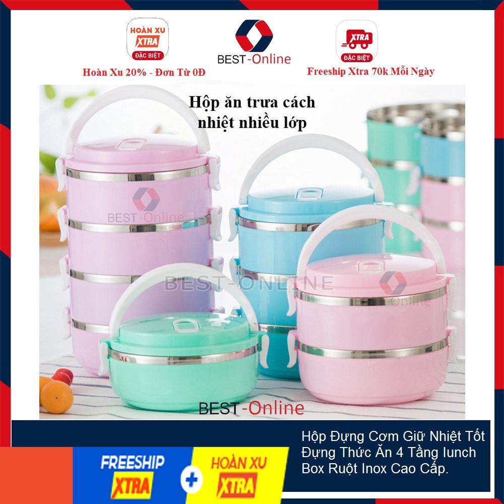 (Loại To) Hộp Đựng Cơm Giữ Nhiệt Tốt Đựng Thức Ăn 4 Tầng Iunch Box Ruột Inox Cao Cấp.