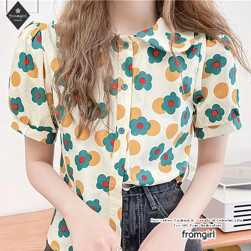 Áo sơ mi tay ngắn phồng cổ chữ V thiết kế mới thời trang mùa hè thanh lịch cho nữ