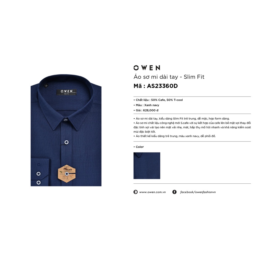 Áo Sơ Mi Nam Dài Tay Owen AS23360D Somi Công Sở Cao Cấp Màu Xanh Đậm Họa Tiết Chìm Dáng Ôm Không Túi Vải Cafe Mềm Mát