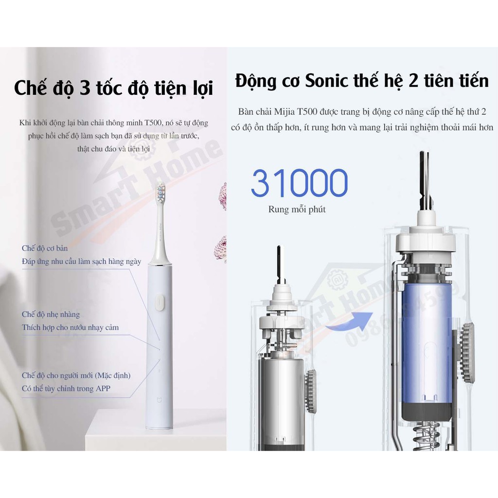 Bàn Chải Đánh Răng Điện Xiaomi T500 , Bàn chải điện Mijia Sonic T500 giảm tiếng ồn làm sạch sâu trong răng bảo vệ nướu