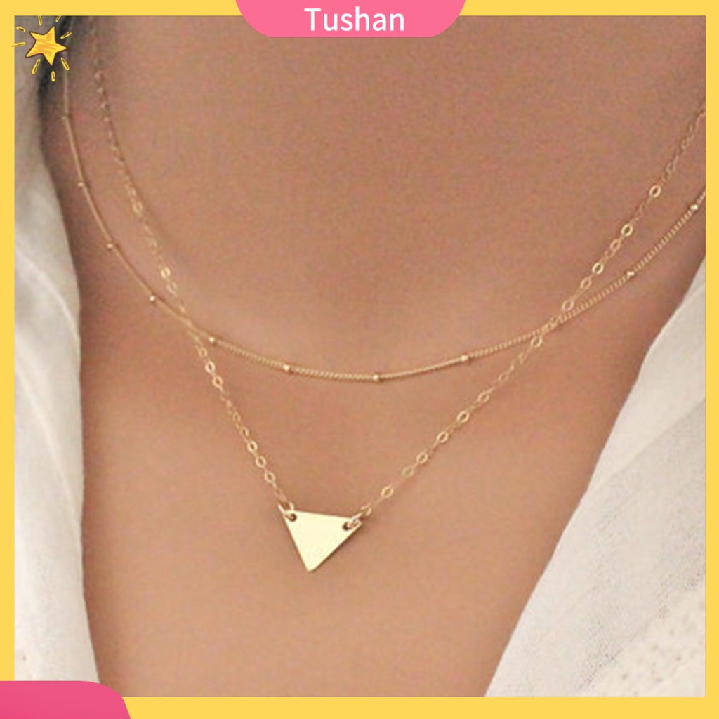 TUSH_Women Simple Stylish Multilayer Chain Geometric Triangle Pendant Short Necklace
