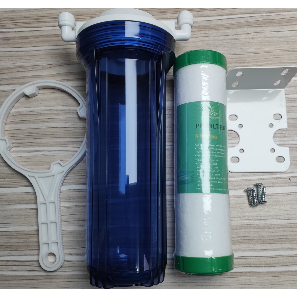 Com bo bộ lọc thô 10 inch ra rây 10 (cốc trong+bát ren 13 và 2 cút NN13/10, tay vặn, giá đơn, bịt 1, vít ), bộ lọc thô