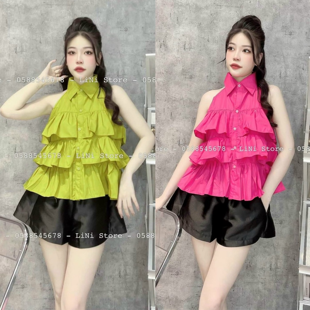 Set bộ đồ nữ áo bèo xếp ly tầng mix quần ống rộng siêu xinh với 3 tone màu sáng da dành cho các nàng đi chơi