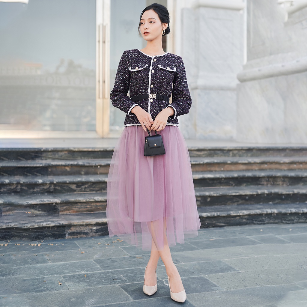 Áo Dạ Tweed Nữ Dáng Ngắn Tay Dài LEOSWEARING Áo Sơ Mi Công Sở Thu Đông Cổ Tròn Túi Giả Đính Nút Tôn Dáng D41