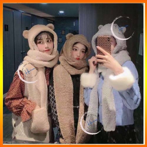 Mũ Lông Cừu Kèm Khăn Quàng Và Găng Tay 3 trong 1 Siêu Ấm Phong ulzzang Hàn Quốc Hanva