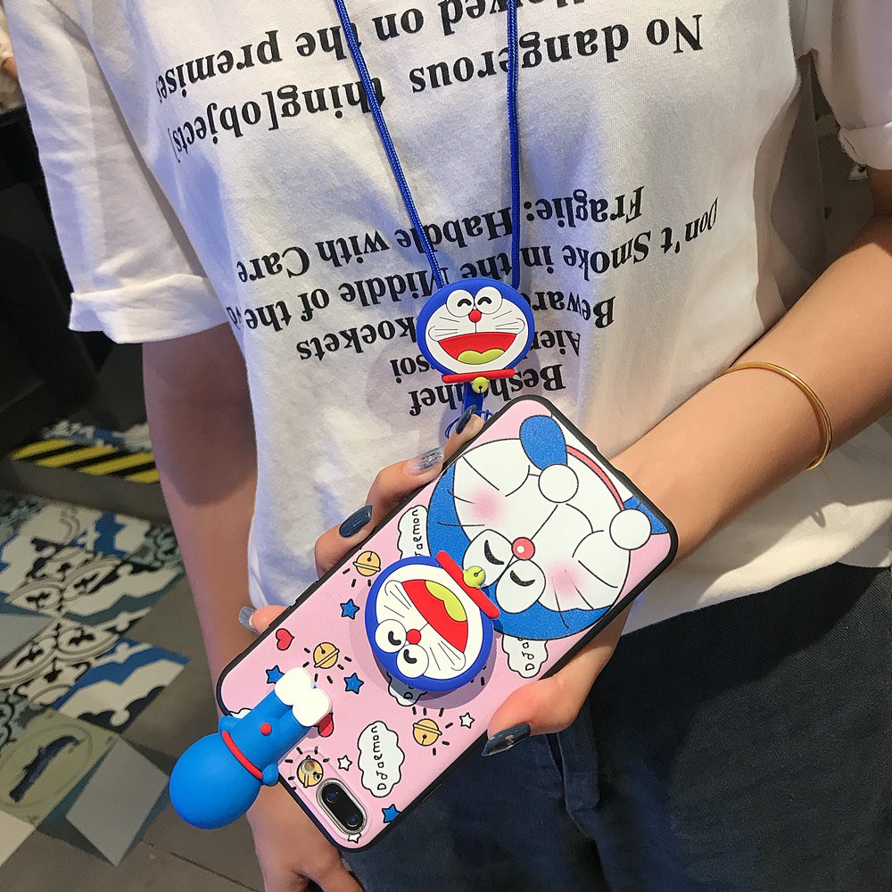 Ốp lưng iPhone 12 11 Pro X XR XS Max 8 7 6 6S Plus SE 2020 3D Cute Doraemon And Stitch Soft Case Cover+Holder+Lanyard