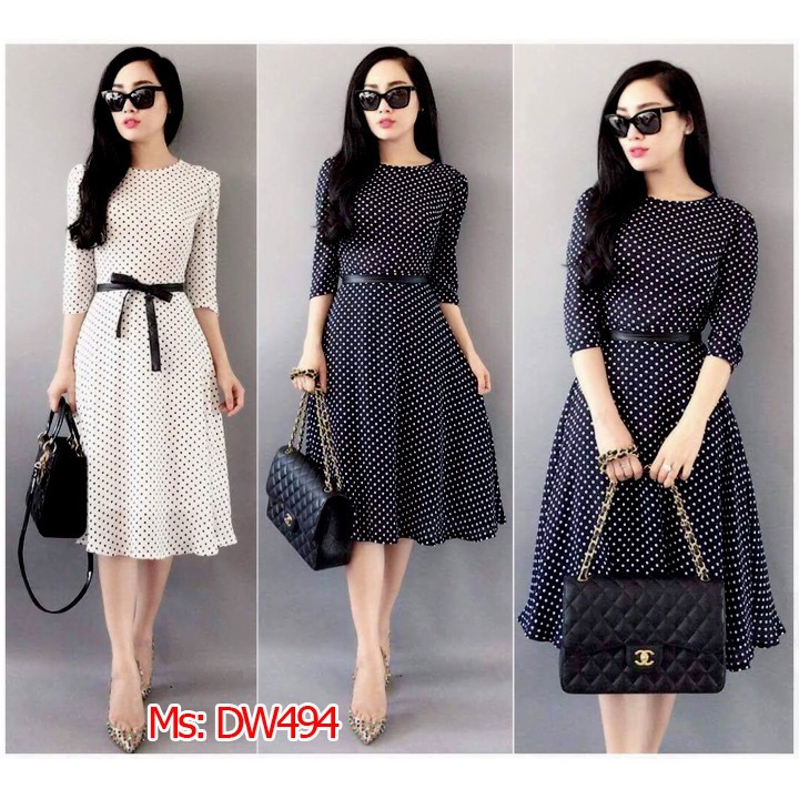 Có size XXXL Đầm xòe chấm bi buộc nơ rời Bạch Nguyễn
