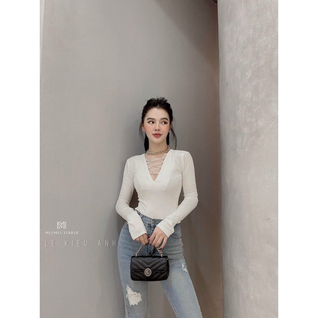 Áo kiểu tay dài ôm body đan dây cổ v xinh đủ màu chất đẹp hot hit thu đông