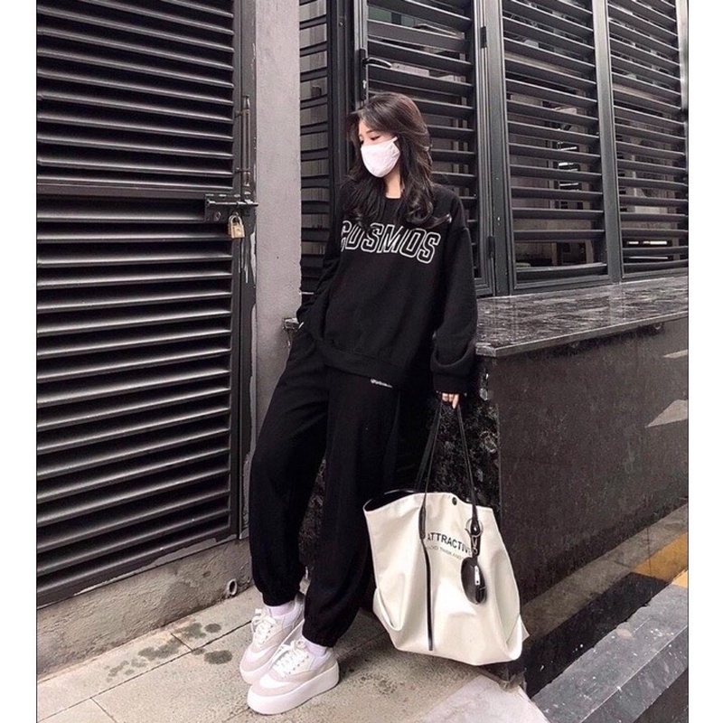 Set áo nỉ COSMOS phong cách Ulzzang tay bồng in chữ kèm quần dày dặn [Ảnh thật/Video] Set bộ Hàn Quốc