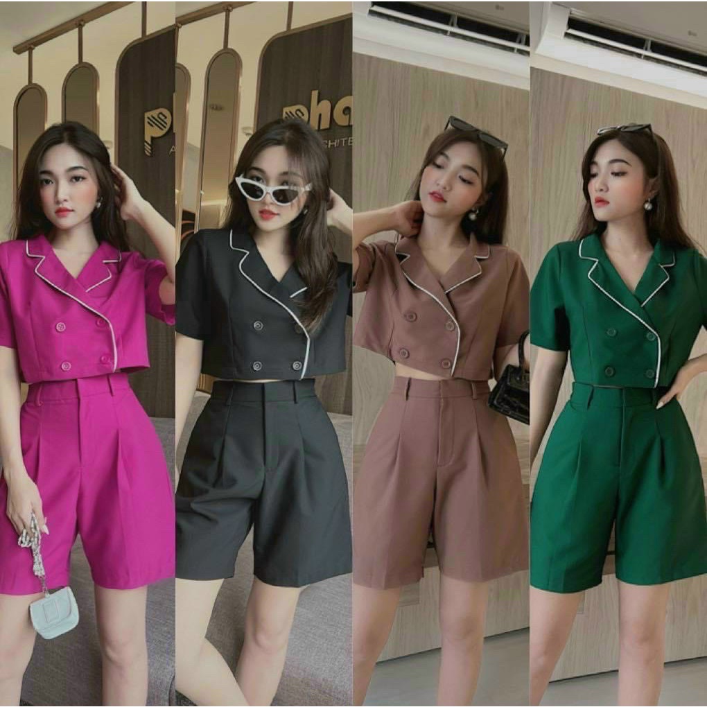 Set Áo Cổ Vest Kiểu Phối Viền Và Quần Ngắn