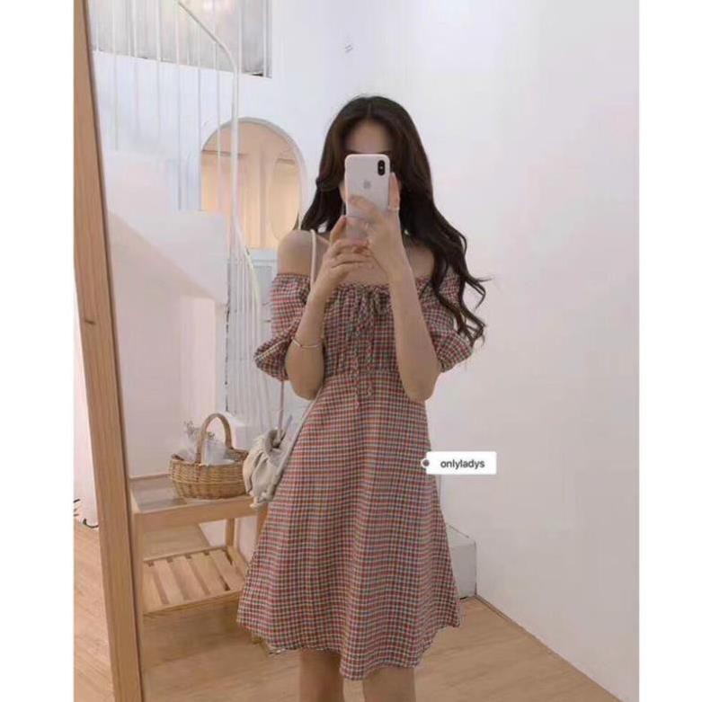 Váy Nữ Quảng Châu Kẻ Caro Chun Vai Cực Xinh M842 -Teen 888