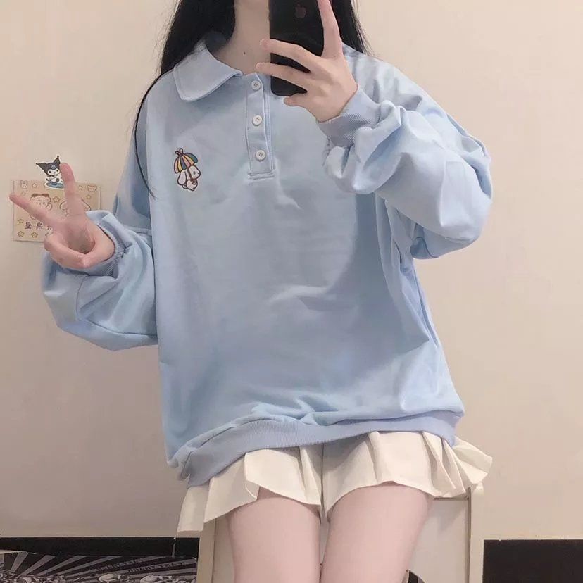 Áo sweater dáng rộng cổ bẻ thêu họa tiết dễ thương xinh xắn thời trang mùa thu