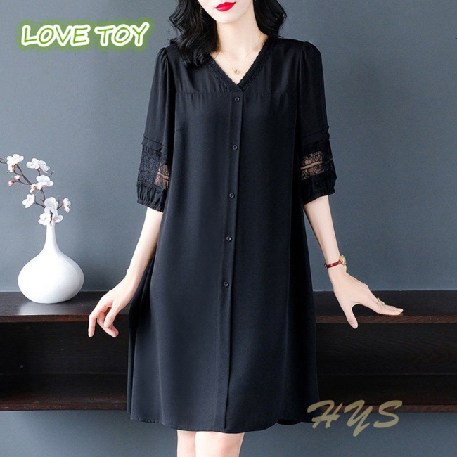 Đầm Midi Tay Lửng Dáng Rộng Cổ Chữ V Màu Sắc Thanh Lịch Cho Nữ