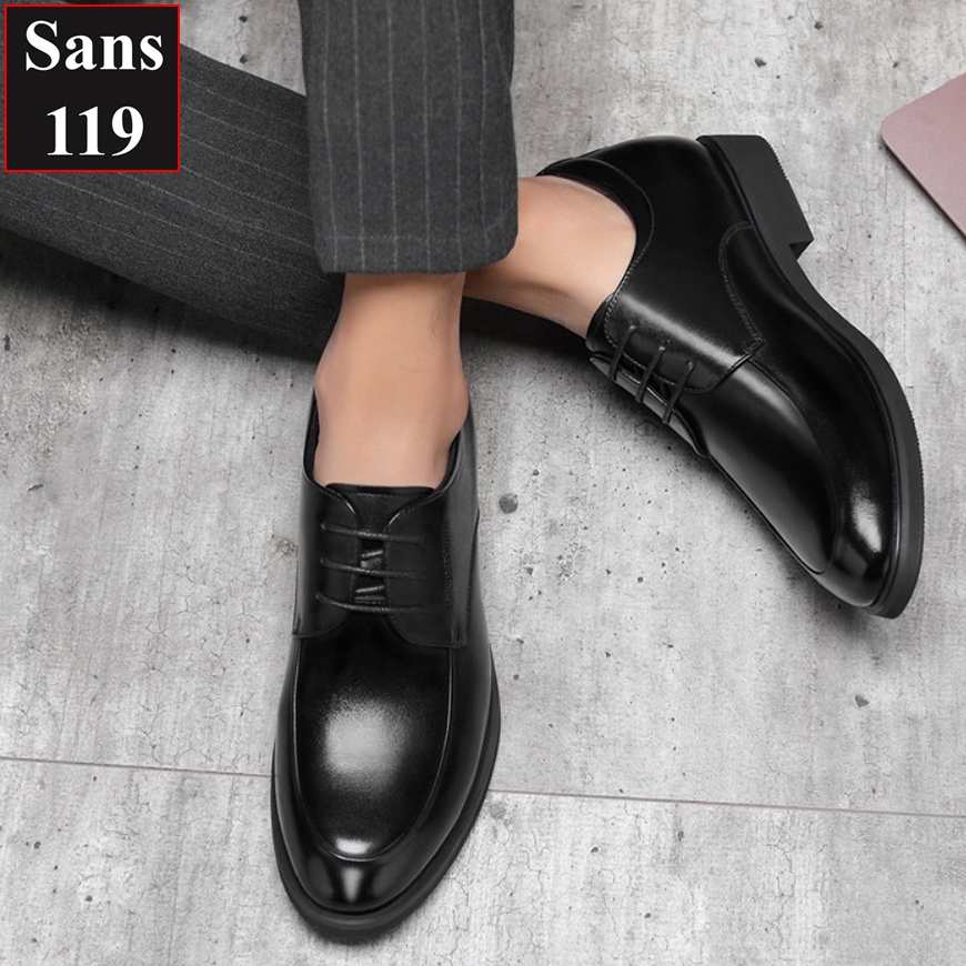 Giày tăng chiều cao nam da bò Sans119 độn đế 8cm công sở cao cấp buộc dây tây đen chú rể mặc vest size nhỏ 37 mũi tròn