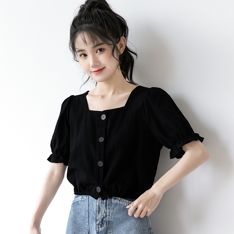 Áo sơ mi cổ vuông chất đũi mát không nhàu