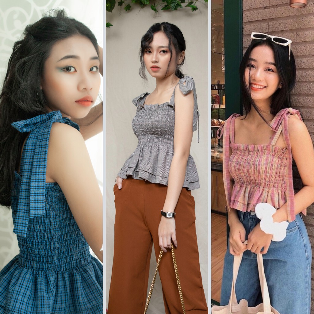 Áo CROP hai dây cột nơ vai nhún chỉ 🔆áo nữ cực xinh - hiện đại  - Hàng thiết kế có sẵn