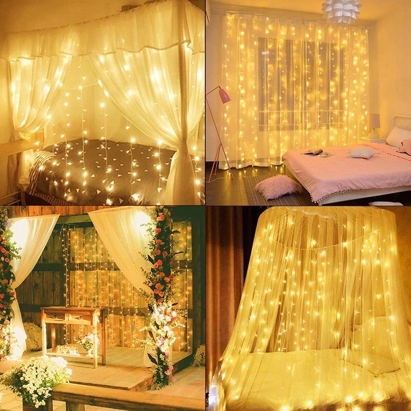 ĐÈN LED MÀNH MÀU VÀNG NẮNG NGANG 3X3M 16/ 10 SỢI 8 CHẾ ĐỘ ĐÈN NHÁY VÀ ĐỨNG YÊN - RÈM CỬA ĐÈN LED