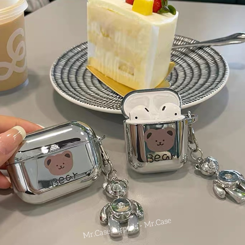Case Airpods 1/2 /Pro Vỏ Ốp Tai Nghe Hình Gấu Tráng Gương Kèm Móc khoá - Mr.Case AirPods