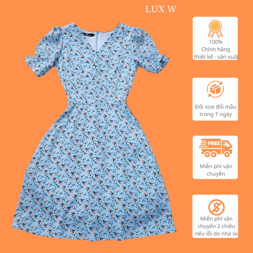Đầm hoa nhí xanh cổ v thiết kế dáng chữ a tay ngắn thời trang vải mềm mát không nhăn phù hợp đi làm đi chơi– Lux W