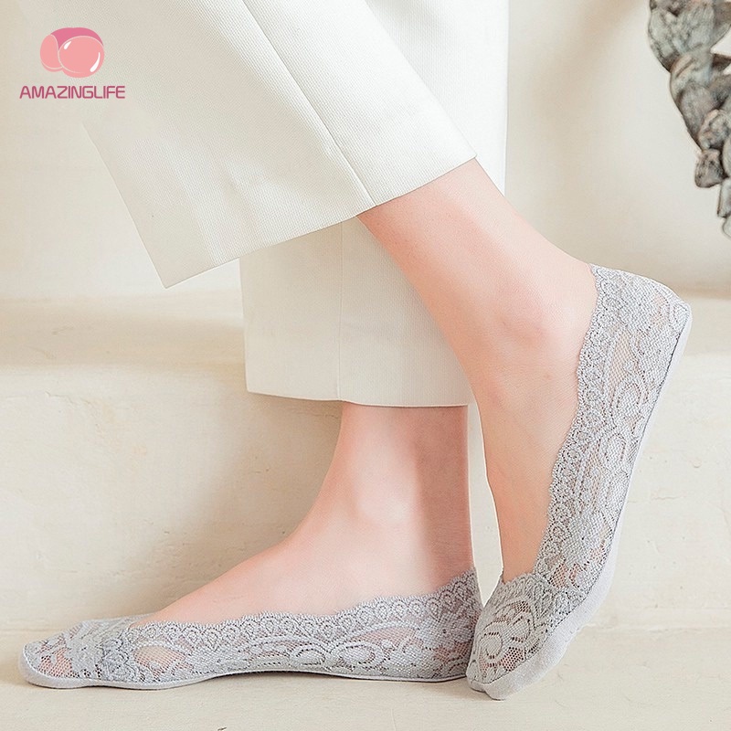 [Amazinglife] Vớ Thuyền Ngắn Siêu Mỏng Thoải Mái Chống Trượt Phối Ren Hoa Cho Nữ