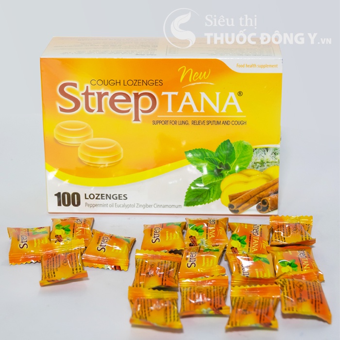 Hộp 100 viên ngậm ho thảo dược Streptana giảm ho , giảm ngứa cổ giảm viêm họng vị cam